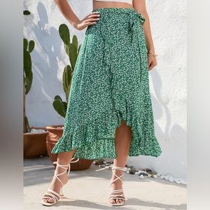 Green White Floral High Waist A Line Midi Skirt Split Ruffle Hem Elastic Waist